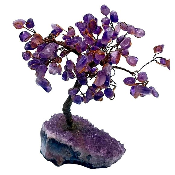 Handmade Amethyst Gemstone Bonsai Tree Of Life W/ Purple Crystal Geode Base - Picture 3 of 8